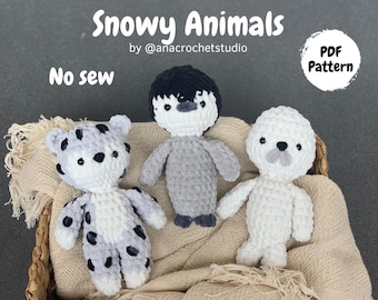 Snowy Animals No sew PDF Crochet pattern Amigurumi: Penguin, Seal and Snow Leopard