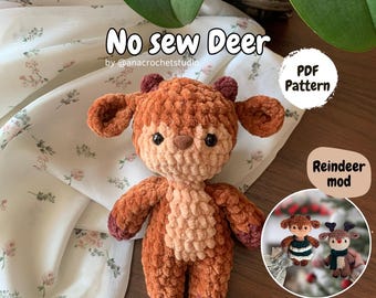 Deer and Reindeer Crochet Pattern No Sew – Beginner Amigurumi Plush Toy PDF, Easy Cute Animal
