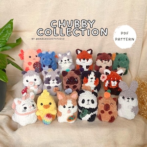May include: A collection of small, plush, crocheted animal figures including a pink axolotl, blue creature, grey cat, fox, panda, chick, and rabbit. The text CHUBBY COLLECTION BY @ANACROCHETSTUDIO and PDF PATTERN is displayed above the figures.