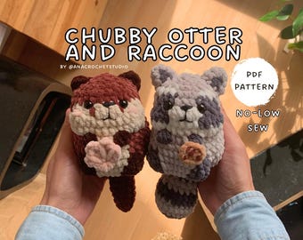 Raccoon and Otter No - Low sew PDF Crochet pattern Chubby Amigurumi