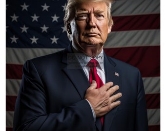 Präsident Donald Trump mit der amerikanischen Flagge hinter ihm Vaterländisch 4X6, 5X7, 8X10, 11X14, 13X19, AI-Foto
