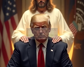 Jesus betet über Präsident Donald Trump Hände auf seinen Schultern 8X10 AI Photo