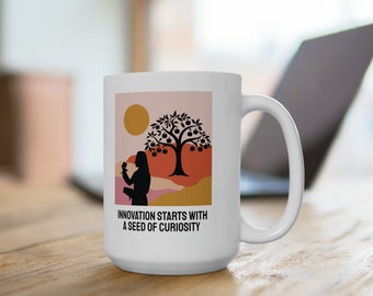 Newton&#39;s Apple Tree Motivational White Mug: Innovation Starts with a Seed of Curiosity