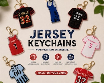 Portachiavi personalizzato con maglia sportiva / Targhetta per borsa a tema baseball, basket, football americano, calcio e wrestling