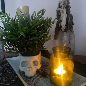 May include: A white ceramic skull planter with a green plant inside, a lit candle in a green glass jar, and a white candle in a clear glass bottle with a pink top.