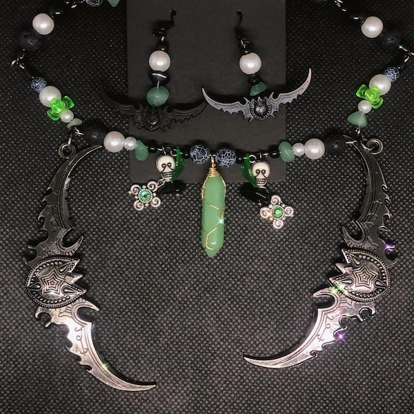 Double Warglaives of Azzinoth World of Warcraft Green Adventurine & Obsidian Choker Earrings Set