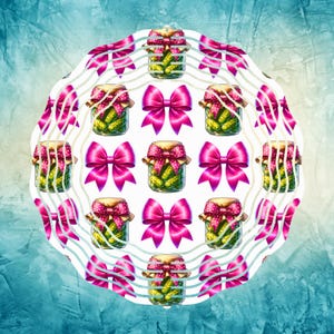 May include: A circular design featuring jars of pickles with pink bows. The jars are arranged in a circle, each topped with a brown lid and tied with a pink bow. The background is a textured blue and white.