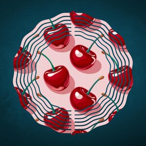 May include: A pink background with a pattern of blue wavy lines.  There are six red cherries with green stems and leaves arranged in a circle.