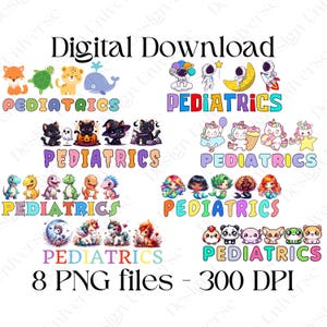 May include: Eight digital designs for a pediatrician's surgery. Each design features a different cartoon character and the word "PEDIATRICS" in colourful letters.