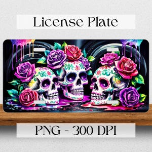 May include: Three sugar skulls with floral accents, including pink, purple, and white roses, on a black background with colorful paint drips.  License Plate.