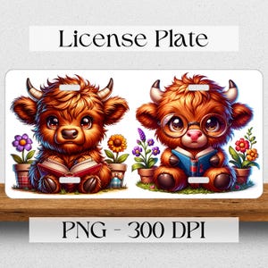 May include: Two cartoon highland cows reading books. The cow on the left is brown and has no glasses. The cow on the right is brown and wearing glasses. Both cows are sitting in front of potted flowers.