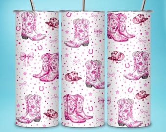 Coquette Cowgirl Boots and Bows PNG, 20 oz Skinny Tumbler Sublimation Design, Digital Download