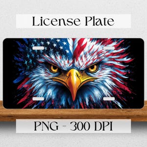 May include: A license plate design featuring a close-up of a bald eagle's face with a red, white, and blue American flag background. The eagle's eyes are sharp and intense, and the flag is painted in a bold, abstract style. The license plate is designed for use on a vehicle.