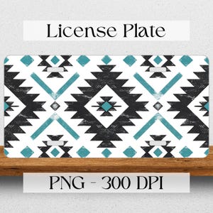 May include: A white license plate with a black and teal geometric pattern. The text "License Plate" is above the plate and "PNG - 300 DPI" is below the plate.