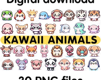 Kawaii Tiere PNG Bundle, süße Cartoon Tiere Clipart, 30 PNG Dateien transparenter Hintergrund, Kawaii Clip Art für Aufkleber