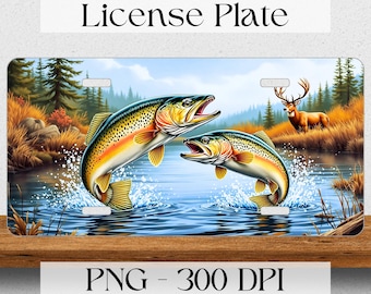 Fischerkennzeichen PNG, Forellenfischen PNG, Digitaler Download, POD-Design, 12 x 6 Zoll Autokennzeichen-Design