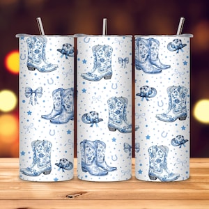 Coquette Cowgirl Boots and Bows PNG, 20 oz Skinny Tumbler Sublimation Design, Digital Download