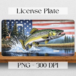 May include: A license plate design featuring a trout jumping out of the water with a splash. The background is an American flag with a wooden texture. The text "License Plate" is at the top of the image and "PNG - 300 DPI" is at the bottom.