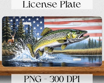 Fischerkennzeichen PNG, Forellenfischen PNG, Digitaler Download, POD-Design, 12 x 6 Zoll Autokennzeichen-Design