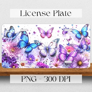 Mariposas azules y moradas PNG, descarga digital, diseño POD, diseño de matrícula de automóvil de 12 x 6 pulgadas