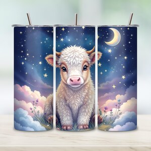 Vaca de las Tierras Altas con Noche Estrellada PNG, Diseño de Sublimación para Vaso Delgado de 20 oz, Descarga Digital, Diseño POD
