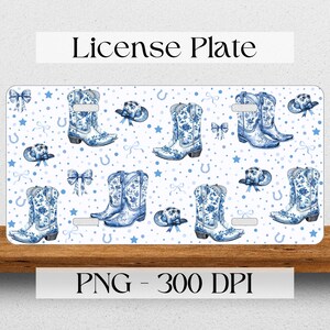 May include: Blue and white cowboy boot and hat pattern on a white license plate. The pattern is repeated on a white background with blue stars, horseshoes, and bows.  License Plate.