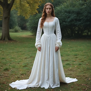 Women Elegant White Renaissance Gown | Medieval Fairy Victorian Dress | Carnival Lace Up Cosplay Maxi | Long Fairytale Princess Costume