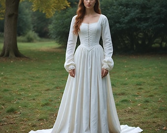 Women Elegant White Renaissance Gown | Medieval Fairy Victorian Dress | Carnival Lace Up Cosplay Maxi | Long Fairytale Princess Costume