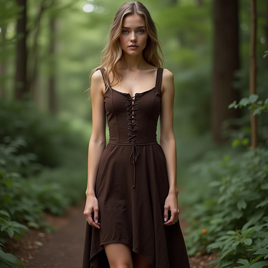 Women Brown Lace-Up Dress | Medieval Renaissance Viking Costume  | Minimalist Women LARP Fairy Gown  |Sleeveless A Symmetrical Bodice Dress