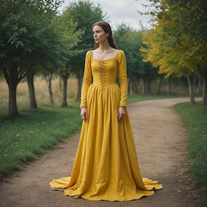 Women Elegant Yellow Steampunk Dress | Long Sleeve Medieval Gown | Renaissance Vintage Style Costume | Pirate Reenactment Maxi for Her