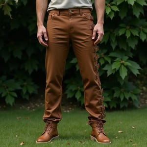 Unisex Brown Cotton Pants, Medieval Slim Fit Trousers, Comfortable Cosplay LARP Pants, Gothic Buckle Detailing Pants, Viking Pants for Men