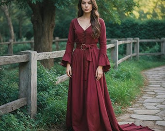 Regal Burgundy Medieval Viking Gown | Renaissance Queen Flowy Costume | Long Wedding Dress | Elegant Victorian Carnival Maxi for Women