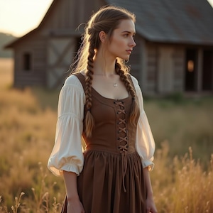 Rustic Medieval Peasant Dress | Women&#39;s Viking Renaissance Gown | Lace-Up Corset Cottagecore Dress | Historical Reenactment LARP Outfit