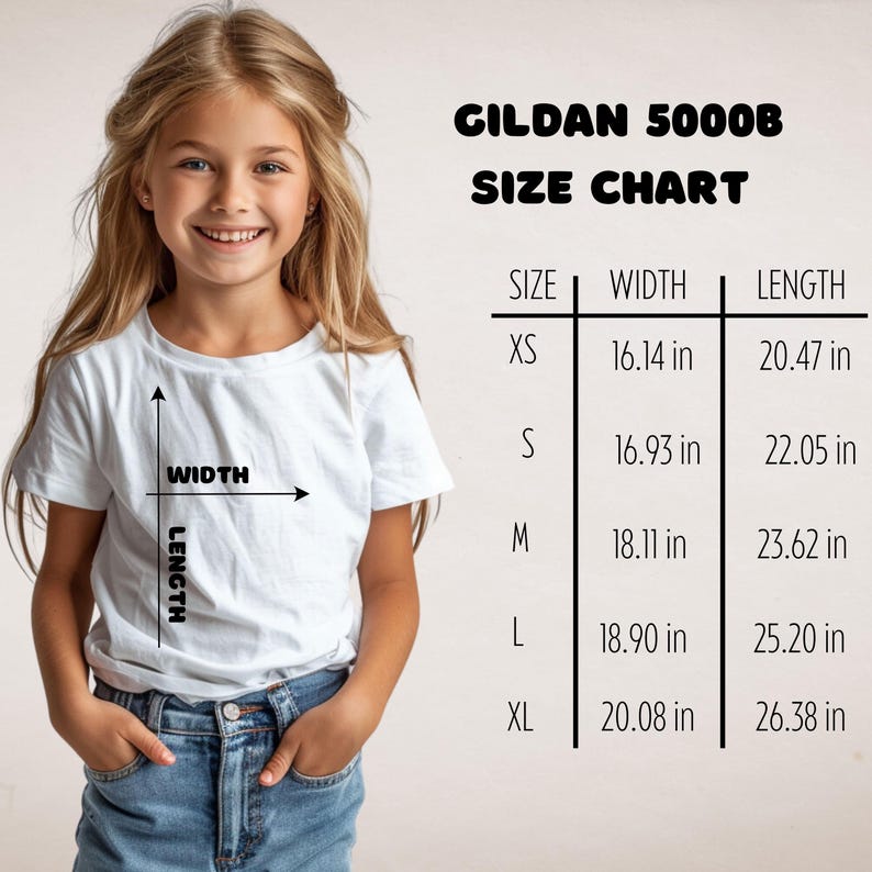 Classic kids t-shirt made from 100% cotton with a standard youth fit. The Gildan 5000B features a durable, soft feel that’s perfect for everyday wear, school, or play. Sizing in inches — XS: 16” x 20.5”, S: 17” x 22”, M: 18” x 23.5”, L: 19” x 25”, XL: 20” x 26.5”.