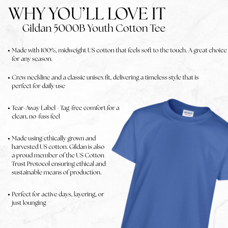 Classic kids t-shirt made from 100% cotton with a standard youth fit. The Gildan 5000B features a durable, soft feel that’s perfect for everyday wear, school, or play.
