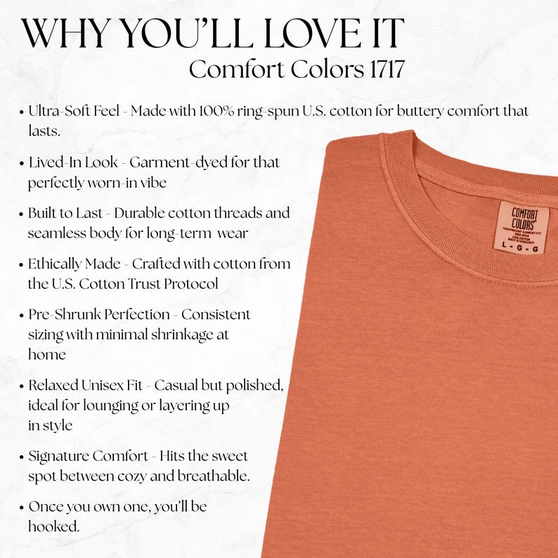 Why you'll love the Comfort Colors 1717 t-shirt: Made from 100% ring-spun US cotton, this tee features a relaxed fit, soft garment-dyed fabric, and a lived-in feel that gets better with every wash. Pre-shrunk for reliable sizing, it has a seamless body, classic crew neckline, and a sewn-in twill label for a clean finish. Durable double-needle stitching ensures it holds up to repeat wear.