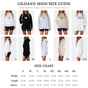 Gildan 18500 Unisex Hoodie Size Chart – Classic fit with a cozy feel. Measurements in inches: S: 20” x 26”, M: 22” x 27”, L: 24” x 28”, XL: 26” x 29”, 2XL: 28” x 30”, 3XL: 30” x 31”, 4XL: 32” x 32”, 5XL: 34” x 33”.