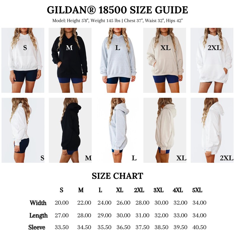 Gildan 18500 Unisex Hoodie Size Chart – Classic fit with a cozy feel. Measurements in inches: S: 20” x 26”, M: 22” x 27”, L: 24” x 28”, XL: 26” x 29”, 2XL: 28” x 30”, 3XL: 30” x 31”, 4XL: 32” x 32”, 5XL: 34” x 33”.
