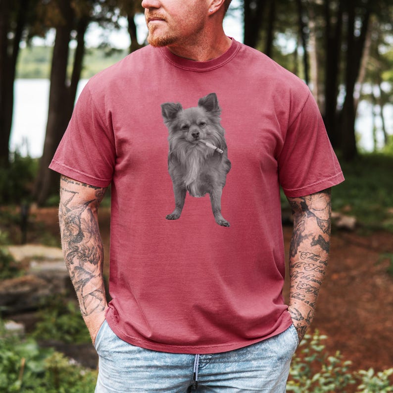 A brick red unisex Comfort Colors 1717 t-shirt featuring a grayscale image of a long hair Chihuahua standing with a cigarette in its mouth, giving a humorous, meme-style look perfect for dog lovers and fans of funny novelty shirts.