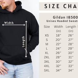 Gildan 18500 Unisex Hoodie Size Chart – Classic fit with a cozy feel. Measurements in inches: S: 20” x 26”, M: 22” x 27”, L: 24” x 28”, XL: 26” x 29”, 2XL: 28” x 30”, 3XL: 30” x 31”, 4XL: 32” x 32”, 5XL: 34” x 33”.