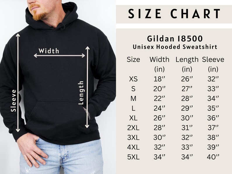 Gildan 18500 Unisex Hoodie Size Chart – Classic fit with a cozy feel. Measurements in inches: S: 20” x 26”, M: 22” x 27”, L: 24” x 28”, XL: 26” x 29”, 2XL: 28” x 30”, 3XL: 30” x 31”, 4XL: 32” x 32”, 5XL: 34” x 33”.
