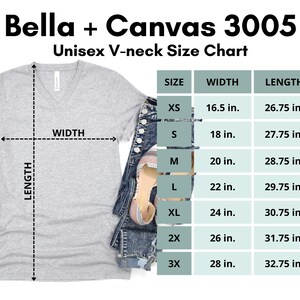 Bella+Canvas 3005 V-Neck Unisex T-Shirt size chart with a modern retail fit and soft, lightweight feel. Measurements in inches — S: 18” x 27.5”, M: 20” x 28.75”, L: 22” x 29.75”, XL: 24” x 30.75”, 2XL: 26” x 32”.
