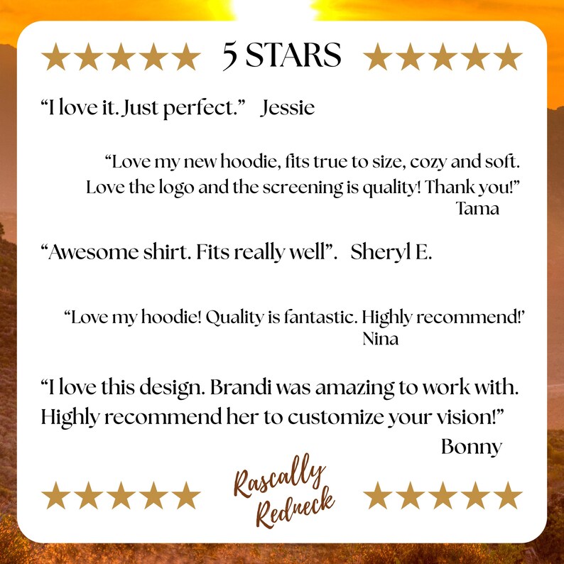 Image featuring five 5-star customer reviews for Rascally Redneck. Reviewers praise the perfect fit, soft hoodies, quality screen printing, and overall fantastic product quality. Brandi is highlighted for excellent customer service