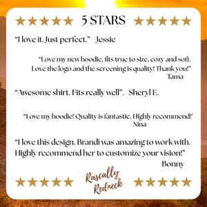 Image featuring five 5-star customer reviews for Rascally Redneck. Reviewers praise the perfect fit, soft hoodies, quality screen printing, and overall fantastic product quality. Brandi is highlighted for excellent customer service