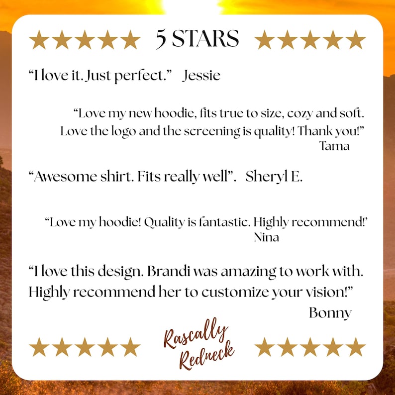 Image featuring five 5-star customer reviews for Rascally Redneck. Reviewers praise the perfect fit, soft hoodies, quality screen printing, and overall fantastic product quality. Brandi is highlighted for excellent customer service