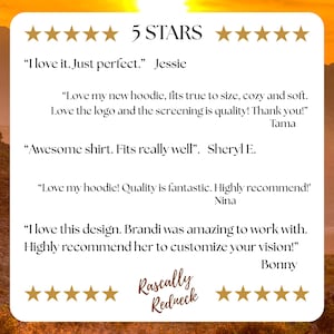Image featuring five 5-star customer reviews for Rascally Redneck. Reviewers praise the perfect fit, soft hoodies, quality screen printing, and overall fantastic product quality. Brandi is highlighted for excellent customer service