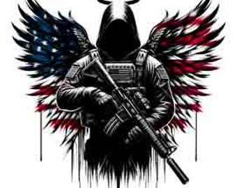 May include: A black silhouette of a person wearing a hooded jacket and holding a rifle. The person has angel wings with the American flag design.