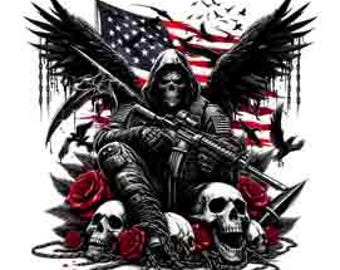 May include: A black and white illustration of a hooded figure with wings, holding a rifle and sitting on a pile of skulls and red roses. An American flag is in the background.