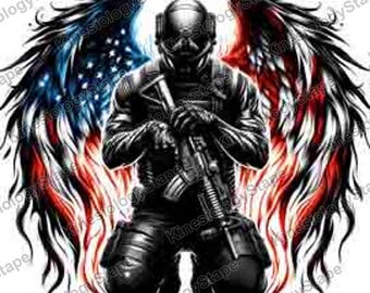 Praying Soldier with Flag Wings PNG SVG, Veterans Day Military Art, Kneeling Patriot Soldier Download