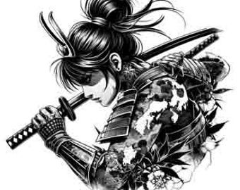 Könnte beinhalten: Schwarzweiß-Illustration einer weiblichen Samurai-Kriegerin, die eine Rüstung trägt und ein Katana-Schwert hält. Die Kriegerin hat einen grimmigen Ausdruck und ist von floralen Details umgeben.